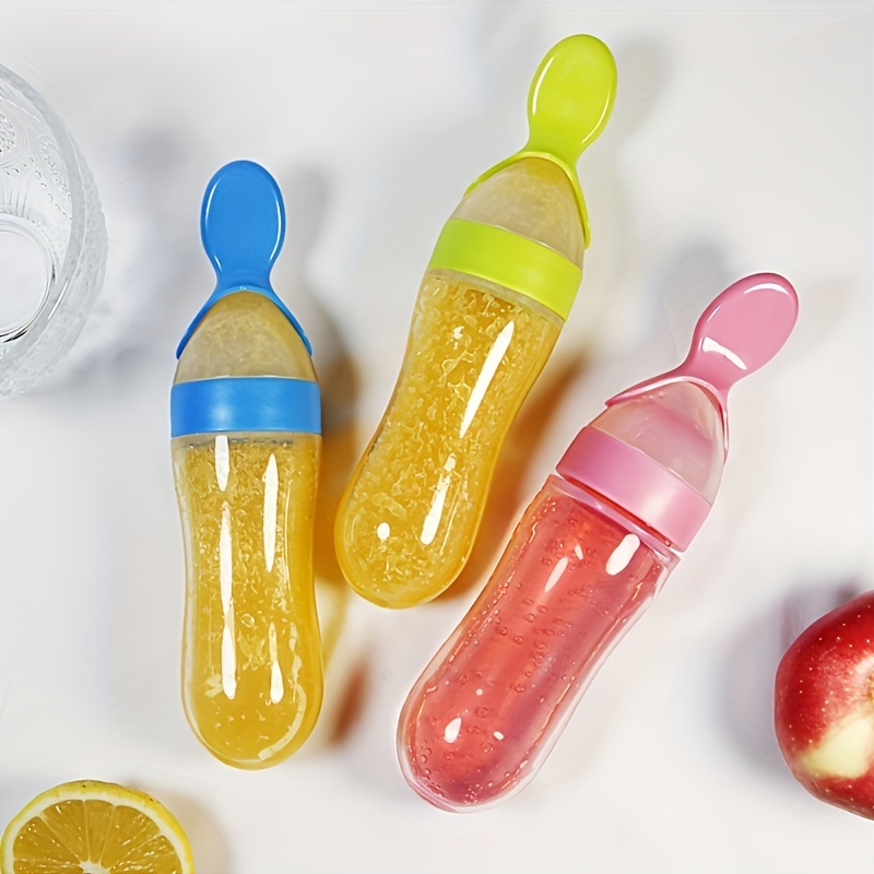 Baby Food Stuff - Baby-Fütterungs-Silikonflasche mit Löffel, 3oz Lebensmittel-Spenderlöffel, Lebensmittel-Quetschlöffel,