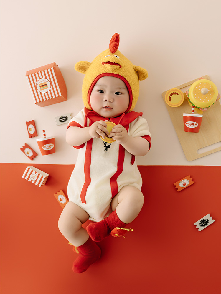 Baby Food With Chicken - 100-Tage-Baby-Meilenstein-Fotografie-Requisiten: Niedliches Hühnerhut-Babykostüm-Set, Fast-Food-Themen-Accessoires für Studioaufnahmen